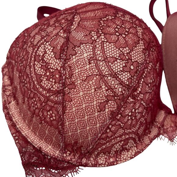 Victoria's Secret Dream Angles Push Up Bra Wine Red Lace Size 36DD - Picture 2 of 7
